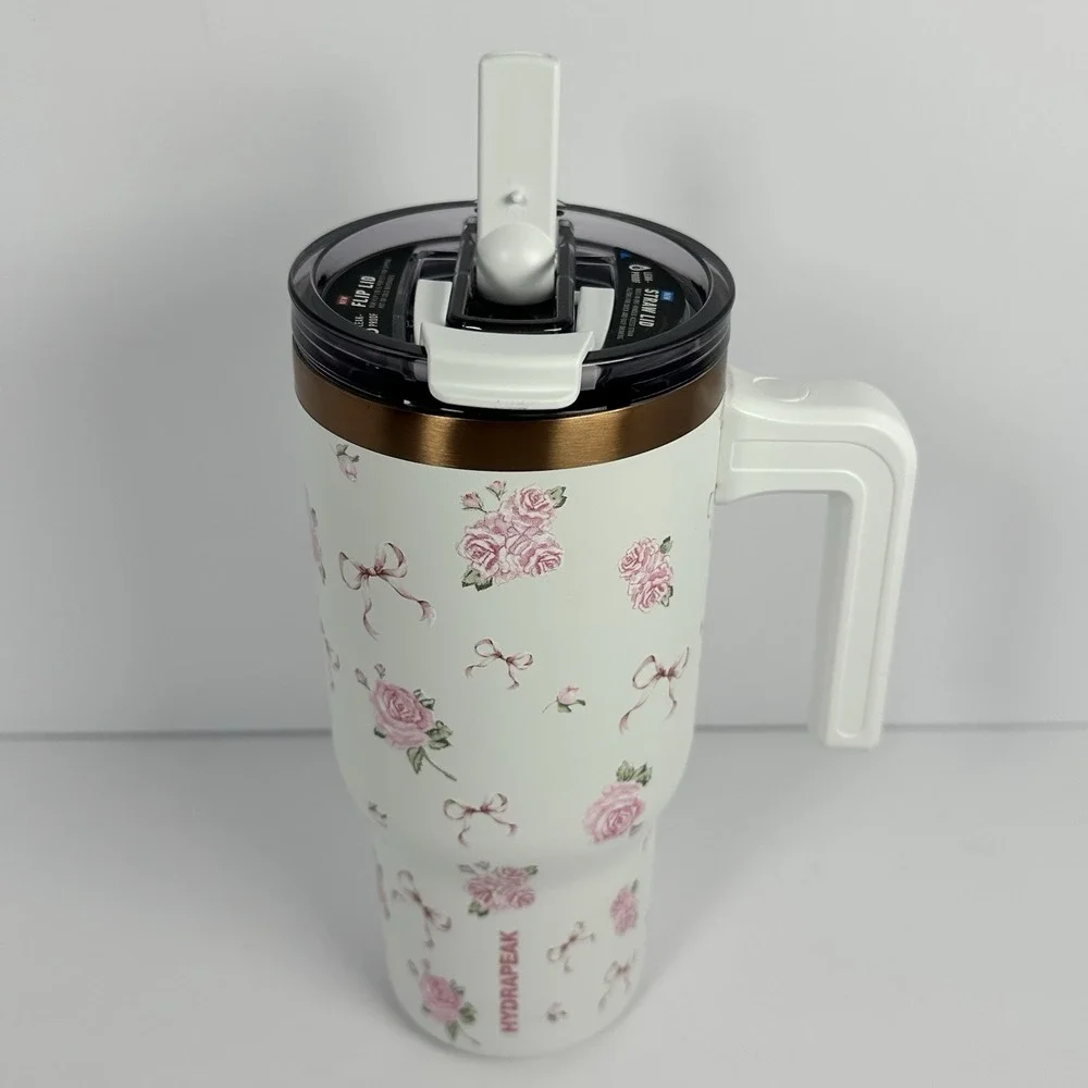 Hydrapeak Tumbler Pink Roses Bow Floral Cup Handle Straw Lid 28oz